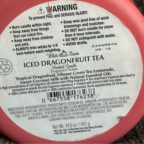 NEW! Bath & Body Works White Barn Iced Dragonfruit Tea 3 wick candle - Picture 3 of 4